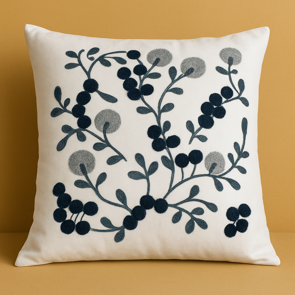 Botanic Touch Nakışlı Dekoratif Yastık Kılıfı – 45x45 cm-Oturma odasi-Prenseshome Leyweg-Lacivert & Gri-Prenseshome Leyweg
