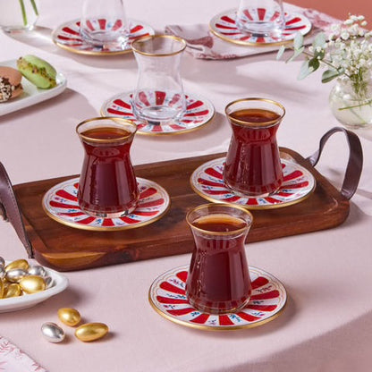 Karaca Bursa Kırmızı 12 Parça Çay Bardağı Seti-Cam urunler-Prenseshome Leyweg-Prenseshome Leyweg