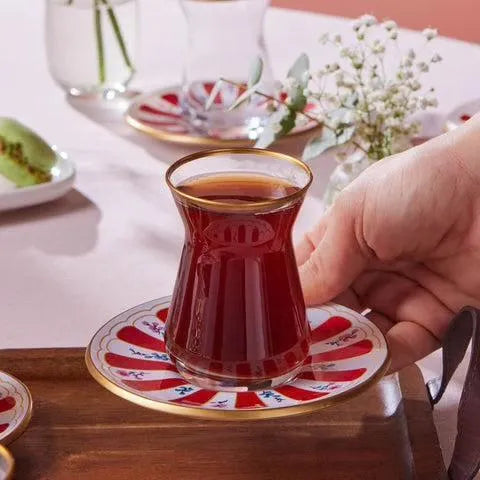 Karaca Bursa Kırmızı 12 Parça Çay Bardağı Seti-Cam urunler-Prenseshome Leyweg-Prenseshome Leyweg