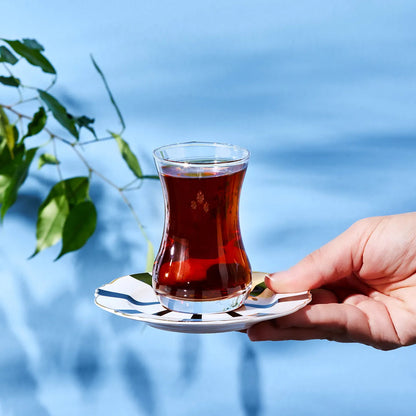 Karaca Astley Black 6 Parça Çay Bardağı ve Tabak Seti – Modern Tasarım, Siyah Detaylı-Cam urunler-Prenseshome Leyweg-Prenseshome Leyweg