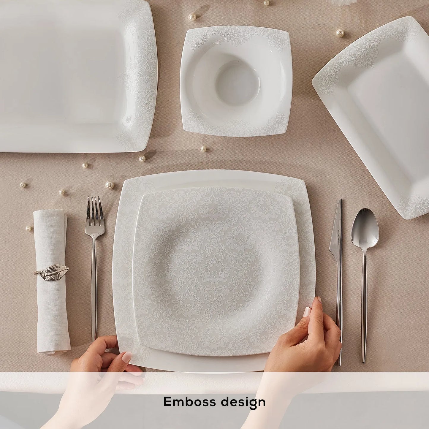 Karaca Helen Fine Pearl 62 Parça İnci Kare Yemek Takımı – Zarafetin Yeni Tanımı-Yemek Takimi-Prenseshome Leyweg-Prenseshome Leyweg