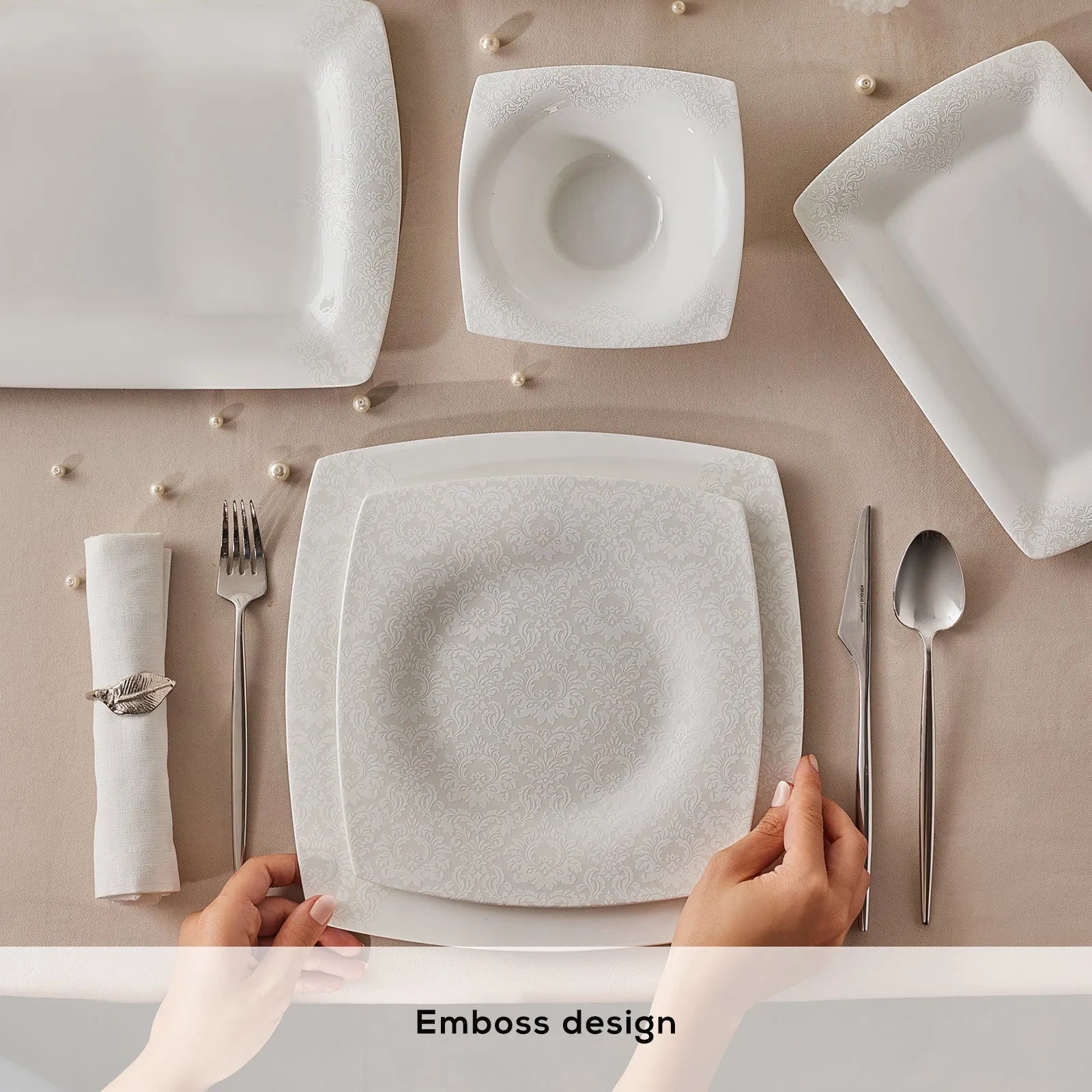 Karaca Helen Fine Pearl 62 Parça İnci Kare Yemek Takımı – Zarafetin Yeni Tanımı-Yemek Takimi-Prenseshome Leyweg-Prenseshome Leyweg