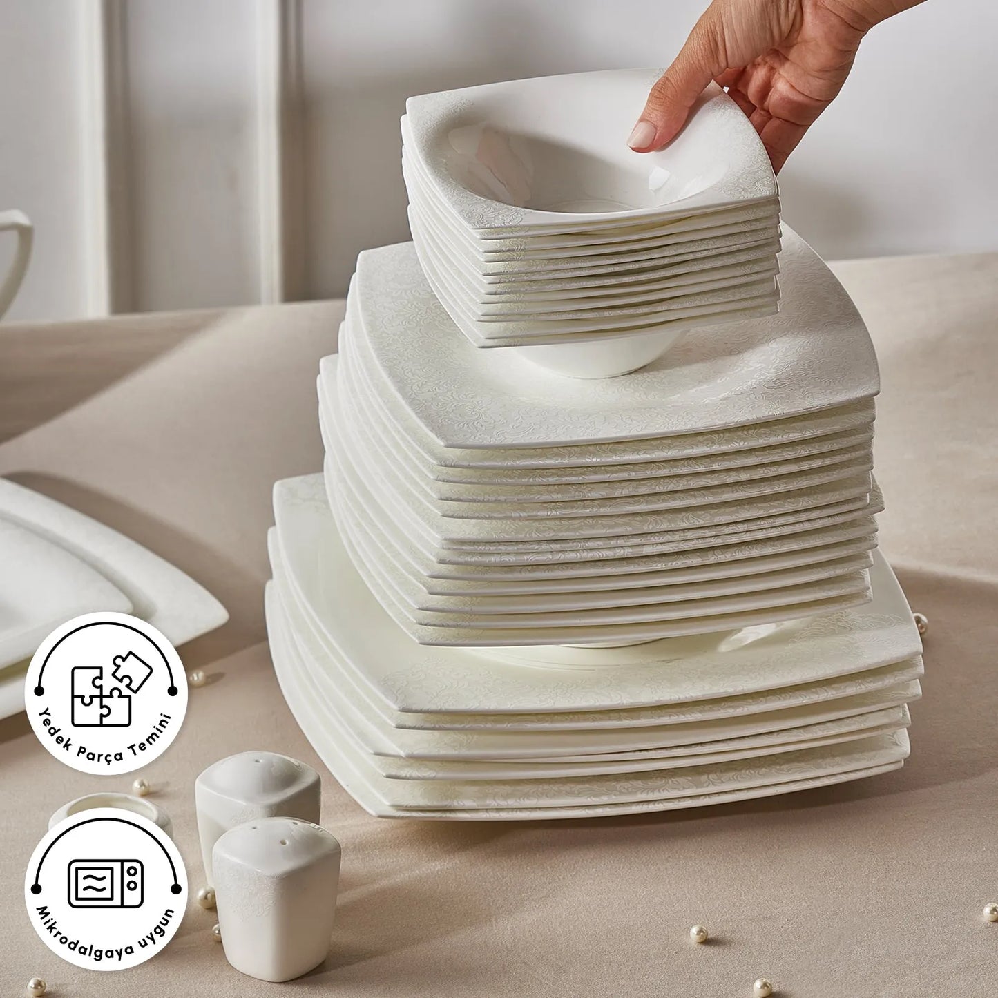 Karaca Helen Fine Pearl 62 Parça İnci Kare Yemek Takımı – Zarafetin Yeni Tanımı-Yemek Takimi-Prenseshome Leyweg-Prenseshome Leyweg