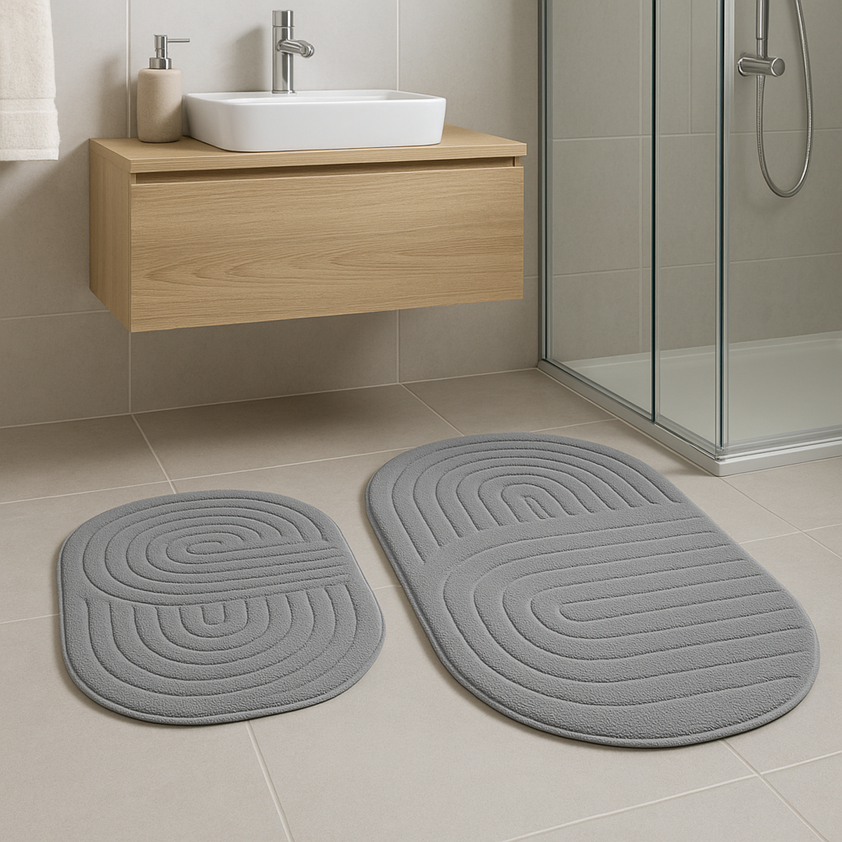 İpekçe Pamuklu 2’li Banyo Paspas Seti Erna - Oval (60x100 cm & 50x60 cm)-Prenseshome Leyweg-Gri-Prenseshome Leyweg