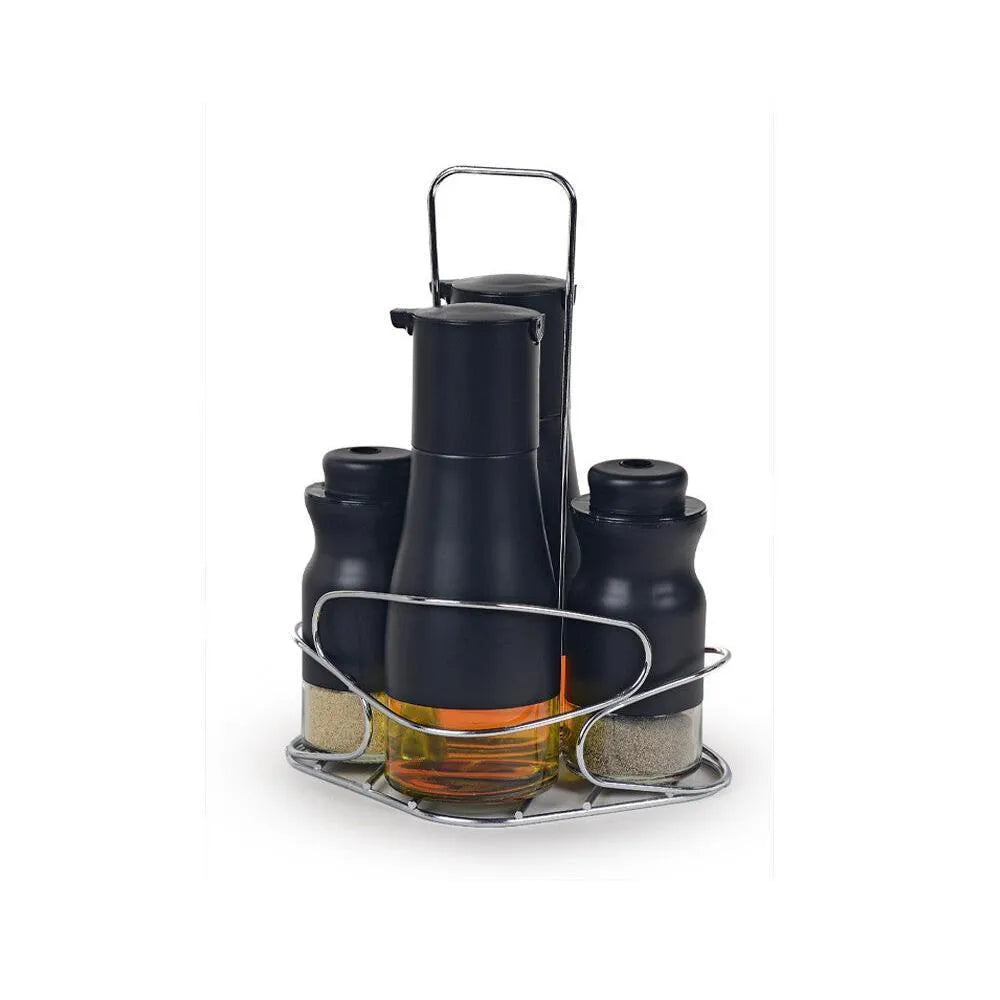 4’lü Baharat ve Sosluk Seti – 125 ml & 380 ml, Krom Metal Standlı, Şeffaf Cam-mutfak urunleri-Prenseshome Leyweg-Prenseshome Leyweg