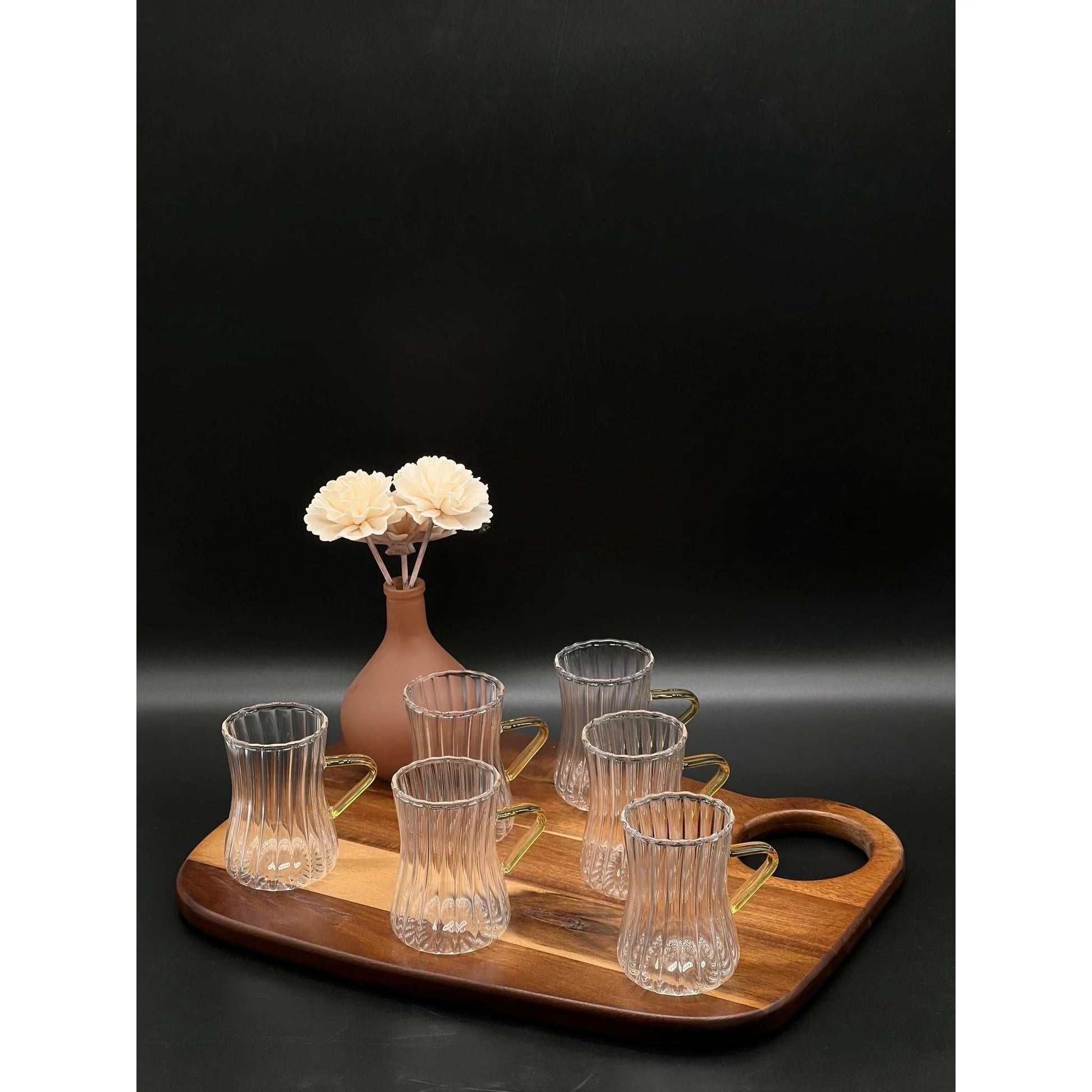 Mulex Modern Çizgili Kulplu 6’lı Cam İnce Bel Çay Bardağı Seti-Prenseshome Leyweg-Prenseshome Leyweg