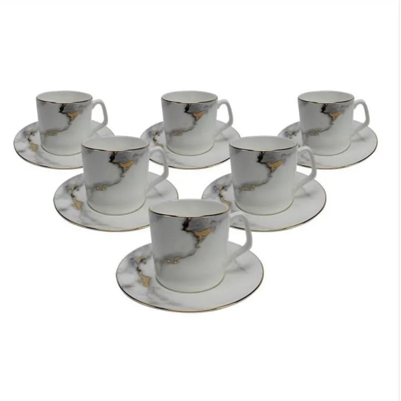 Bricard Drancy 12 Parça Mermer Desenli Porselen Çay Fincan Seti – 90 ml & 200 ml – 6 Kişilik-Sofra ürünleri-Prenseshome Leyweg-Prenseshome Leyweg
