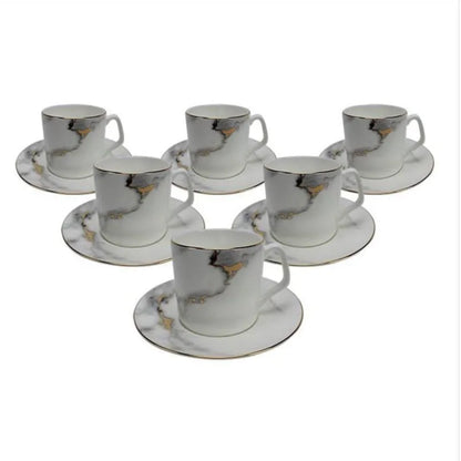 Bricard Drancy 12 Parça Mermer Desenli Porselen Çay Fincan Seti – 90 ml & 200 ml – 6 Kişilik-Sofra ürünleri-Prenseshome Leyweg-Prenseshome Leyweg