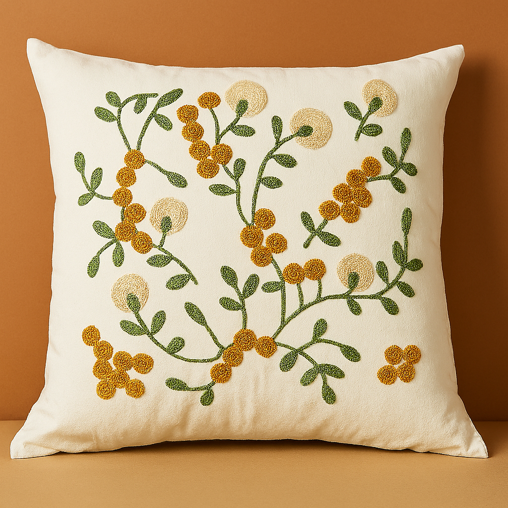 Botanic Touch Nakışlı Dekoratif Yastık Kılıfı – 45x45 cm-Oturma odasi-Prenseshome Leyweg-Hardal Sarısı & Yeşil-Prenseshome Leyweg