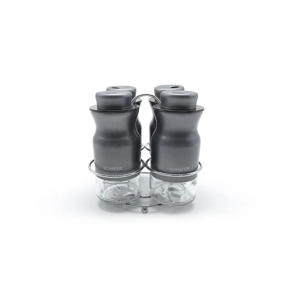 Schafer 4’lü Cam Baharatlık Seti – Gri Kapaklı, Metal Standlı-Sofra ürünleri-Prenseshome Leyweg-Prenseshome Leyweg