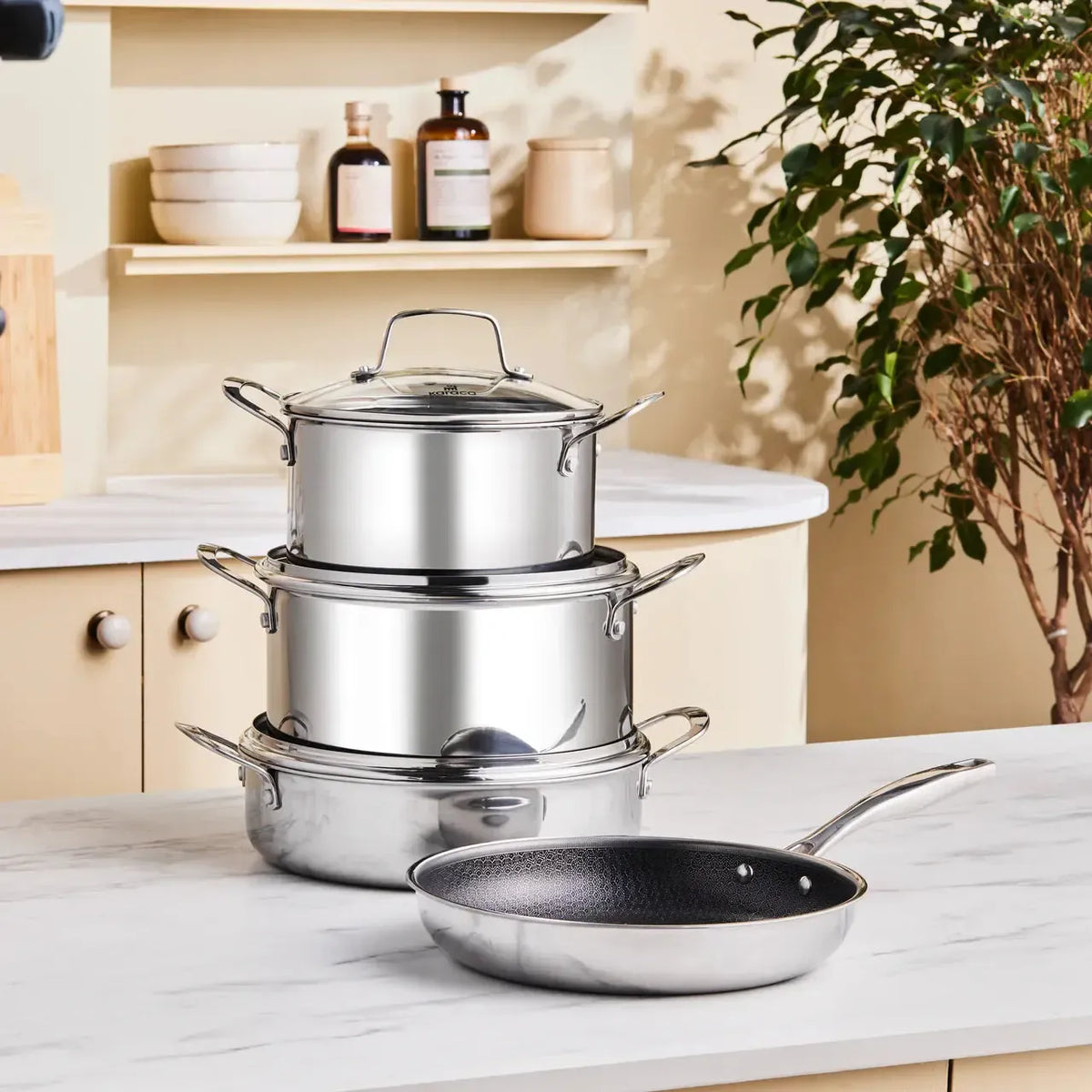 Karaca Ceramica Steel 3-Ply RVS Tencere Seti – Seramik Kaplama, Paslanmaz Çelik, İndüksiyon Uyumlu, 8 Parça-mutfak urunleri-Prenseshome Leyweg-Prenseshome Leyweg
