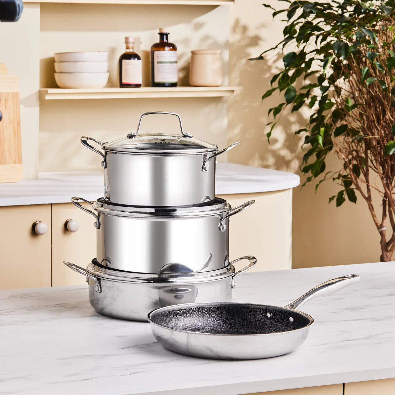 Karaca Ceramica Steel 3-Ply RVS Tencere Seti – Seramik Kaplama, Paslanmaz Çelik, İndüksiyon Uyumlu, 8 Parça-mutfak urunleri-Prenseshome Leyweg-Prenseshome Leyweg
