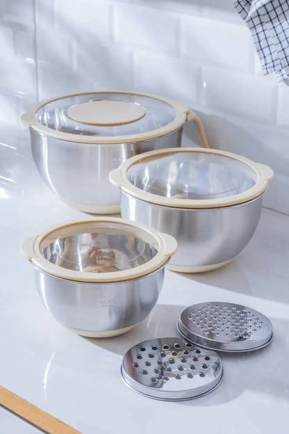 Acar Focus Pro Bej Kapaklı Paslanmaz Çelik Karıştırma ve Saklama Kabı Seti – 3 Parça-mutfak urunleri-Prenseshome Leyweg-Prenseshome Leyweg